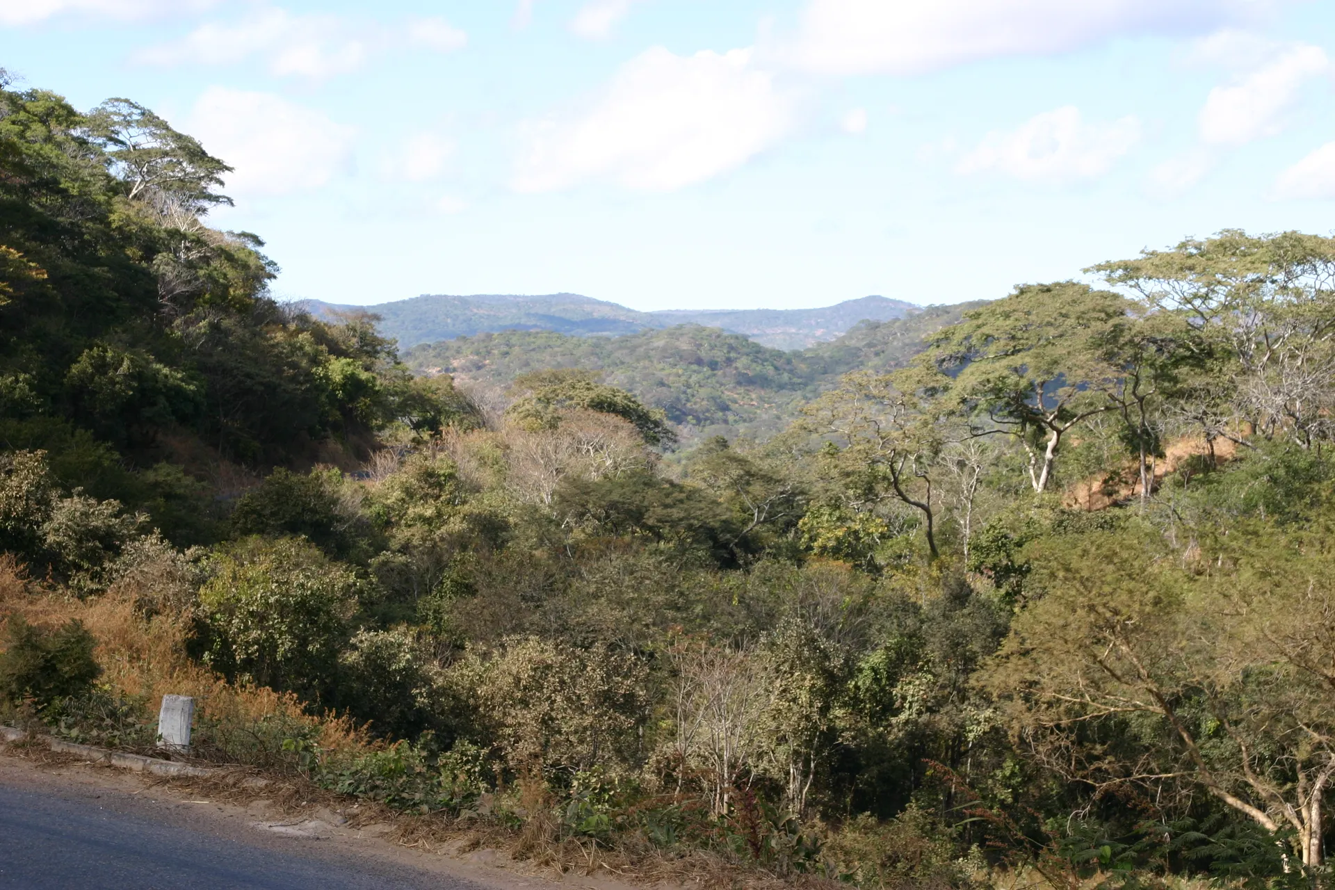 Gezicht op de heuvels van Zimbabwe, aan de overkant van het dal van de Zambezi [nabij Chirundu]