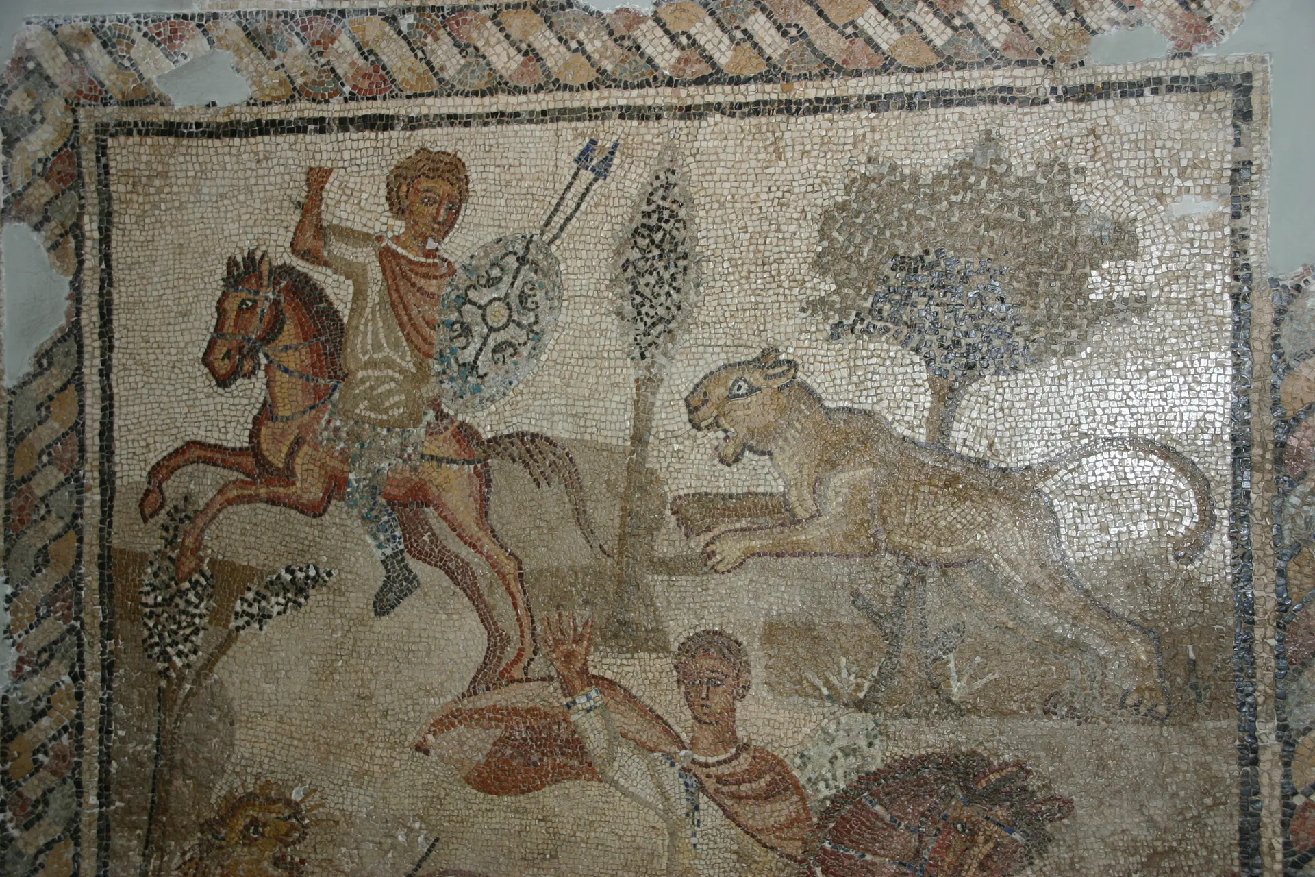 Leeuwenjacht, geliefd tijdverdrijf in Romeins Libië, afkomstig uit de Nijlvilla, Leptis Magna, 4e eeuw [Tripoli, Nationaal Museum]