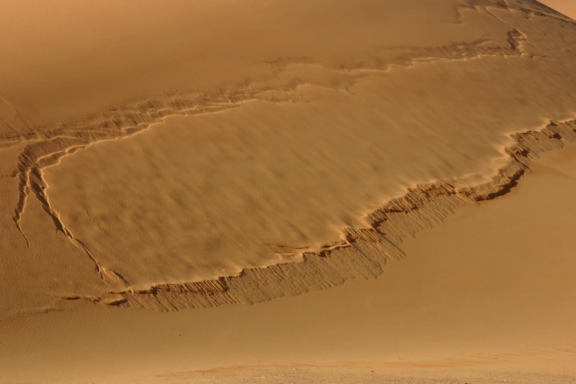 Breuklijnen van tientallen meters lengte markeren de zandverschuiving [Ouan Kasa zandzee]